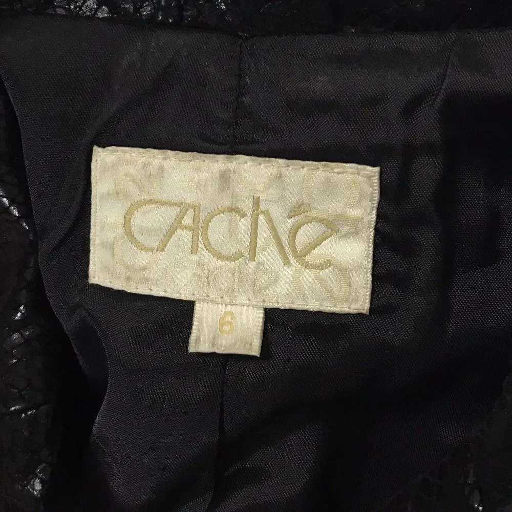 Cache Vintage Black Snakeskin Embossed Leather Jacket Womens 6 Button Front Coat